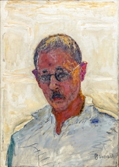 Autoportrait sur fond blanc, chemise col ouvert