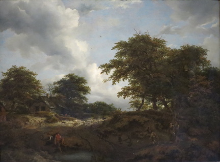 Paysage boisé avec un étang et des personnages
